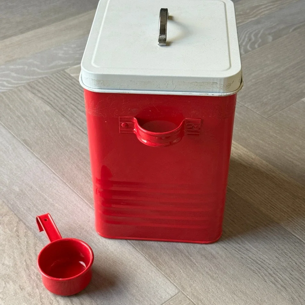 Vintage Style Red Metal Flour Canister Tin with Lid and Scoop Farmhouse Decor